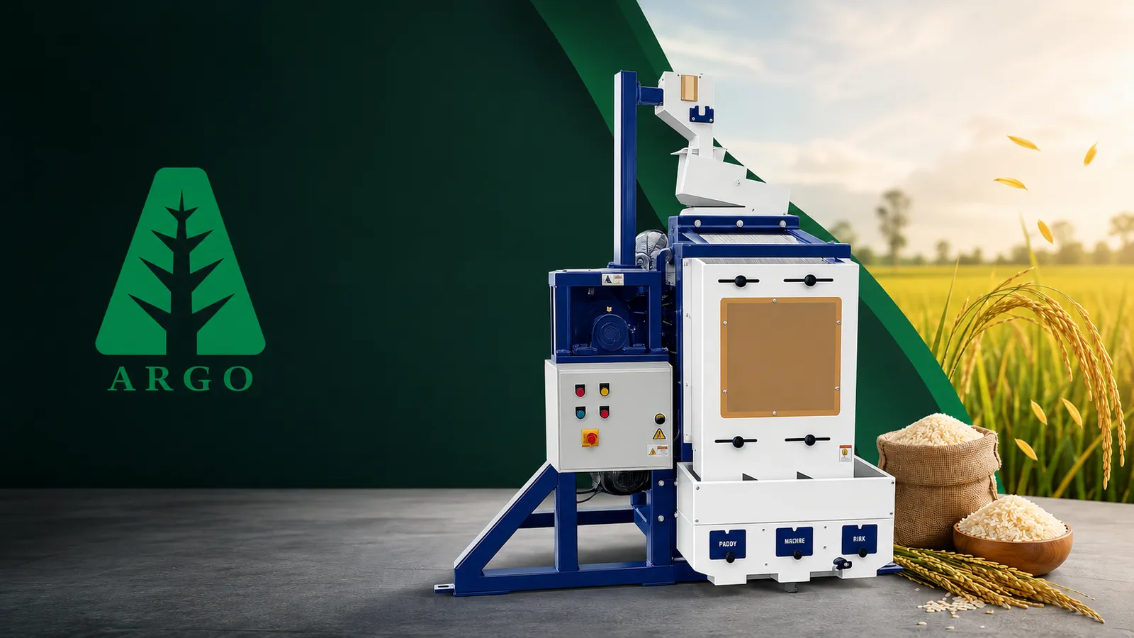 ARGO Gravity Paddy Separator with a sack of freshly milled rice