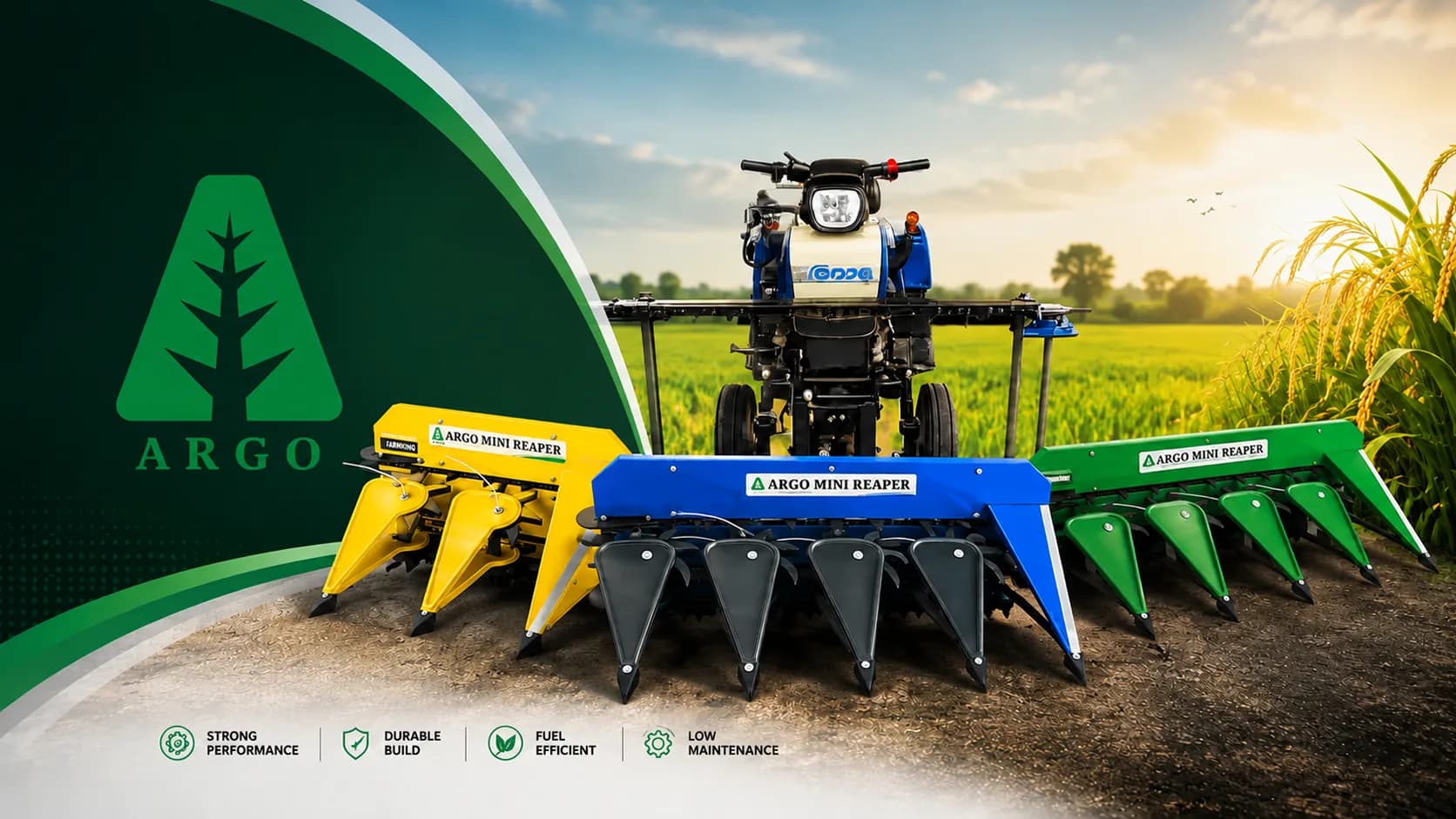 ARGO Mini Reaper range in yellow, green and blue mounted on a power tiller in Punjab