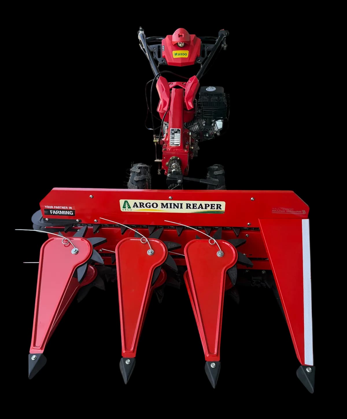 Red ARGO Mini Reaper machine with engine, front view
